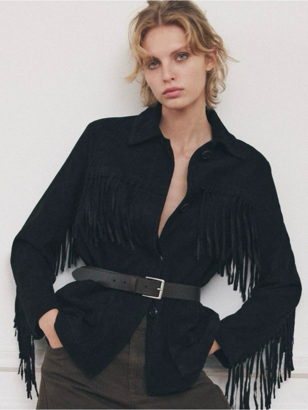 Zara Black Western Boho Suede Fringe Jacket
